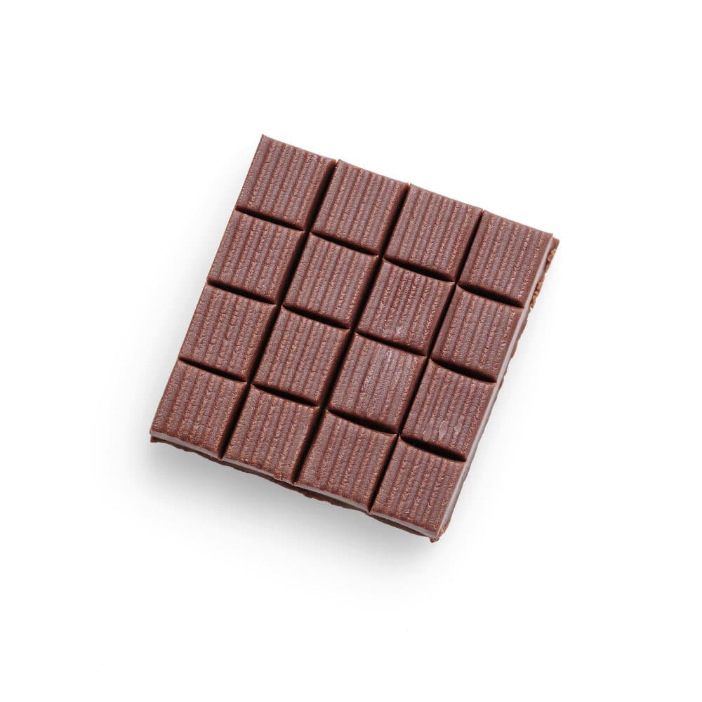 A square bar of chocolate photographed from above on a white background
